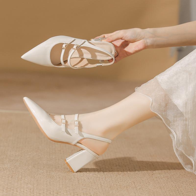 Nude high heels female pointed new autumn patent leather back empty temperament single shoes fairy thick heel summer sandals