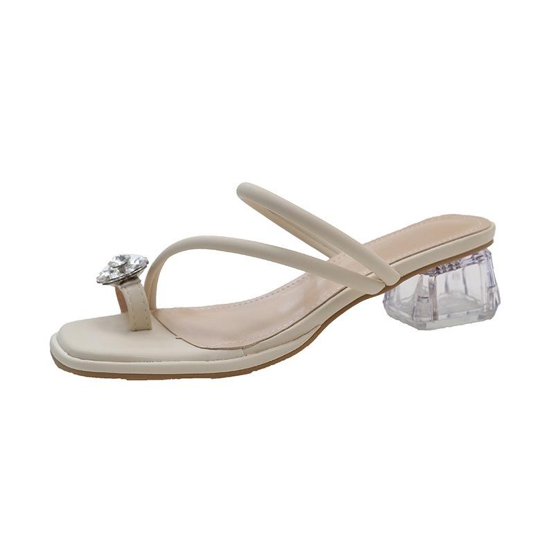 French Medium Heel Slippers Women's Summer Outer Wear 2025 New Fashion High-end Thick Heel Temperament Set Toe Rhinestone Sandals