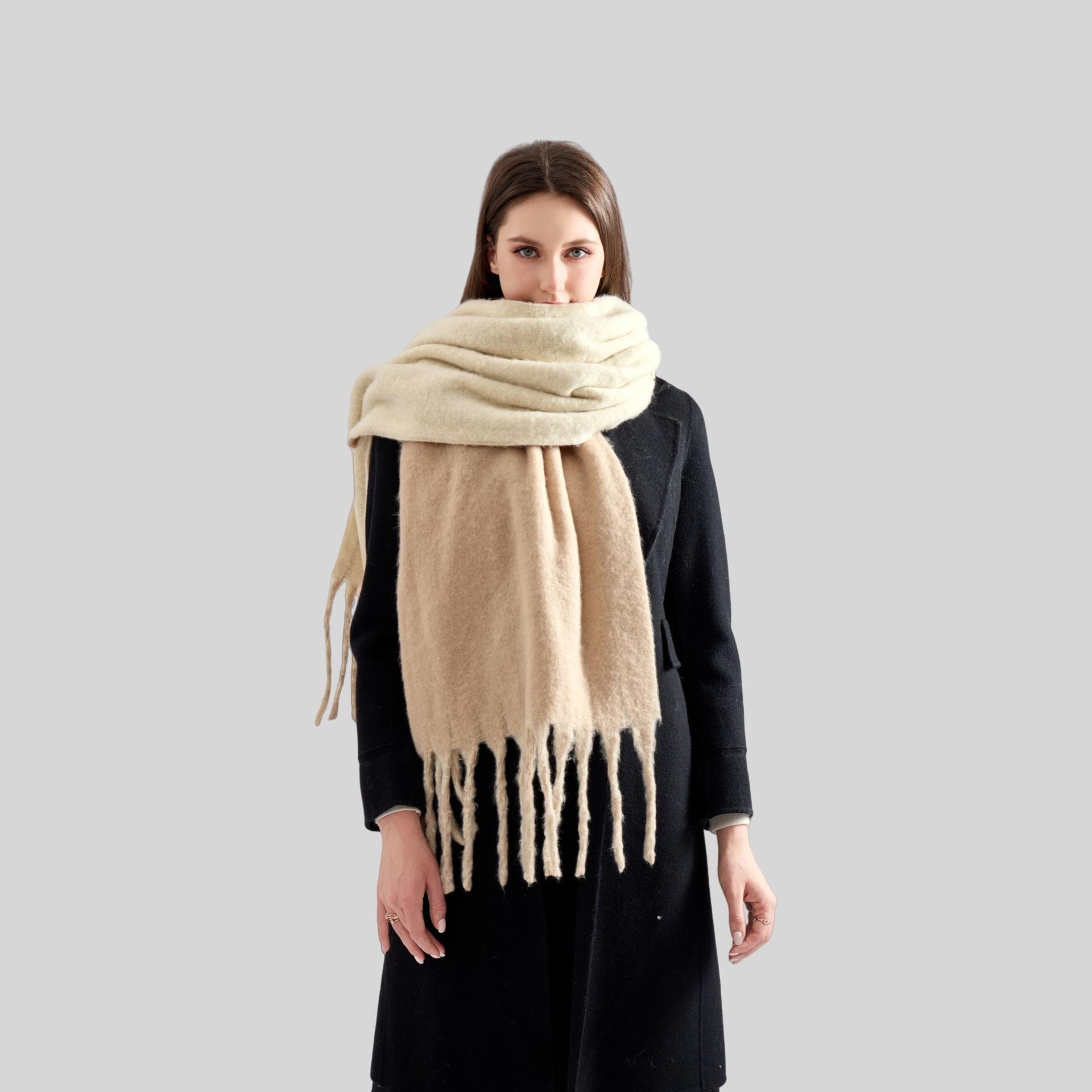 

Autumn and winter new double-sided monochrome scarf women s thick beard tassel thickened versatile solid color scarf