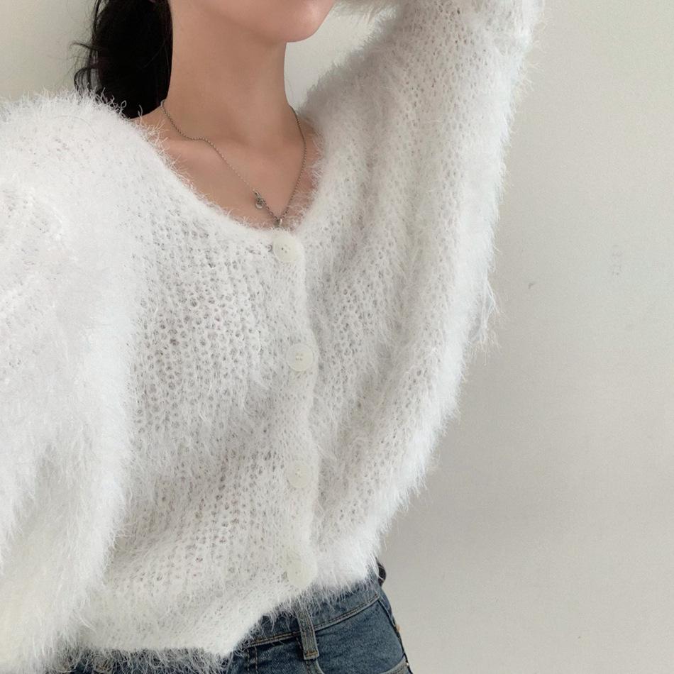 Chic Korean Faux Mink Long-Sleeve V-Neck Cardigan Sweater for Women