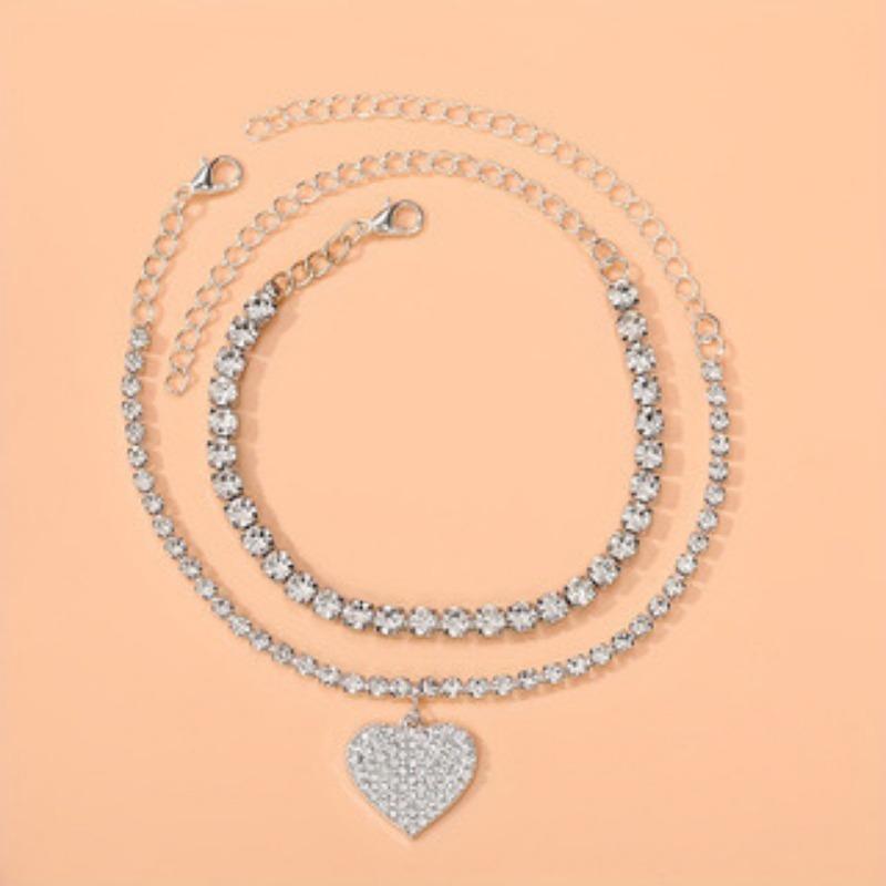 Personalisierte Pfirsichherz Strandfußdekoration Zweiteiliges Set Sexy Voll-Diamant Vielseitig Glänzend Liebe Strass Fußkettchen