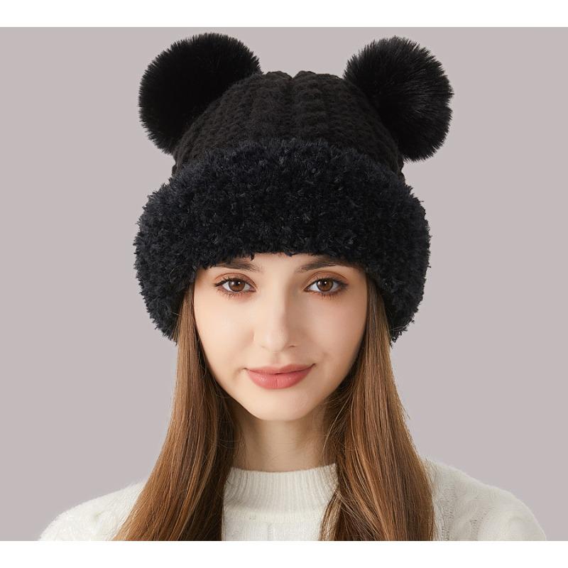 Girls' cute wool ball knitting hat in winter retro thick needle Fried Dough Twists plush edge splicing ear protection wool hat