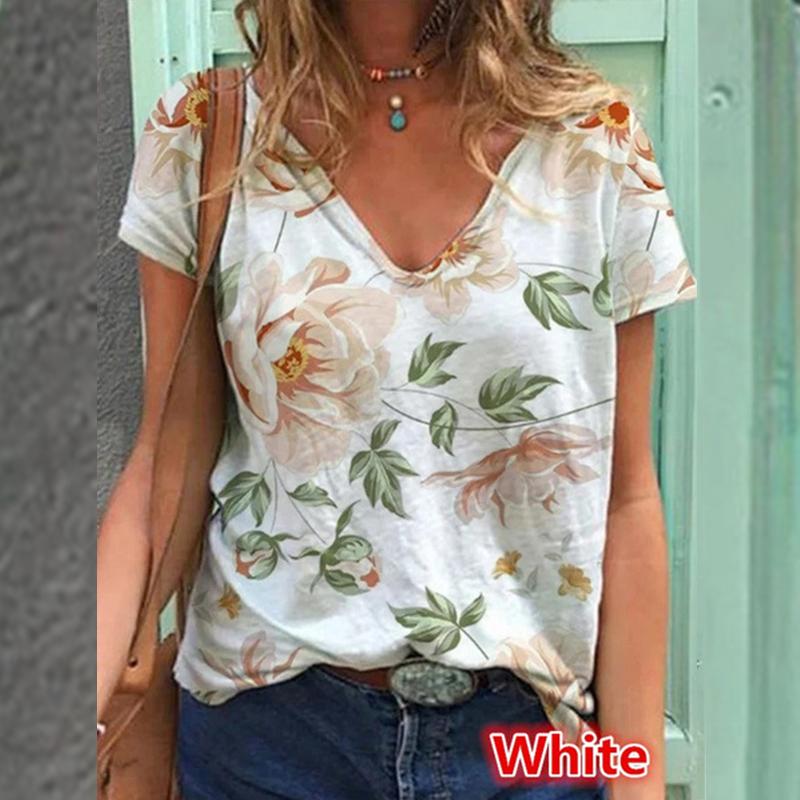 

Женская футболка с V-образным вырезом, коротким рукавом, многоцветная, свободного кроя, с цветочным принтом S