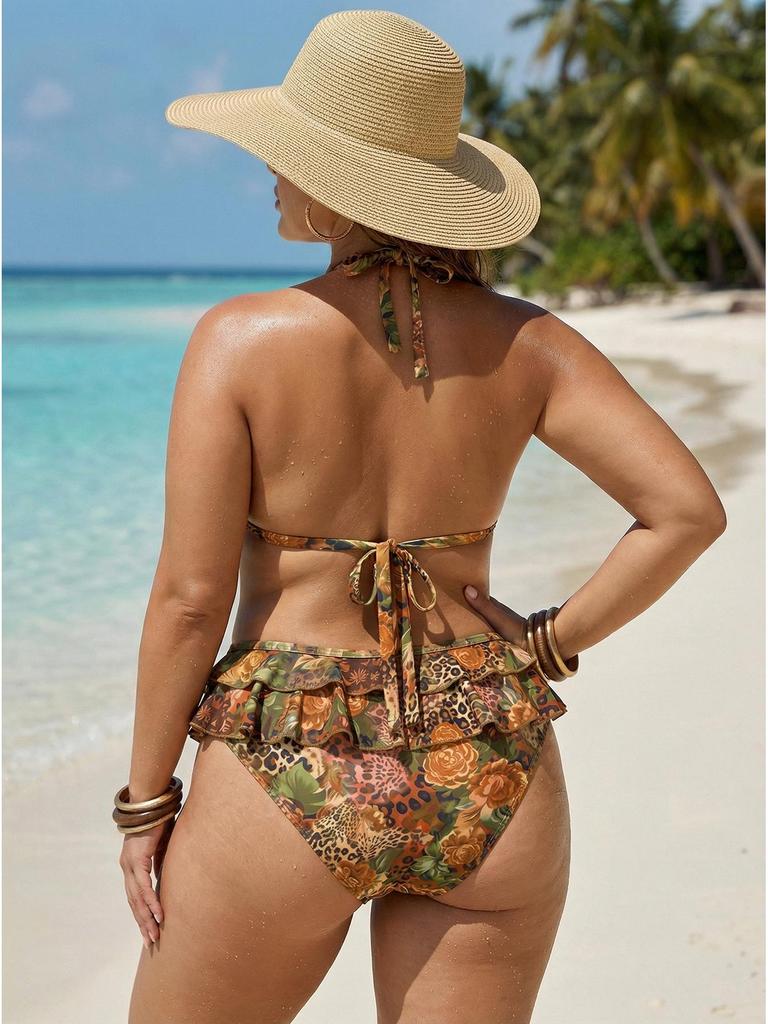 Europäischer & Amerikanischer 2026 Bedruckter Bikini: Sexy Schlankmachende Zweiteilige Badebekleidung in Übergröße für Damen für den Strand.