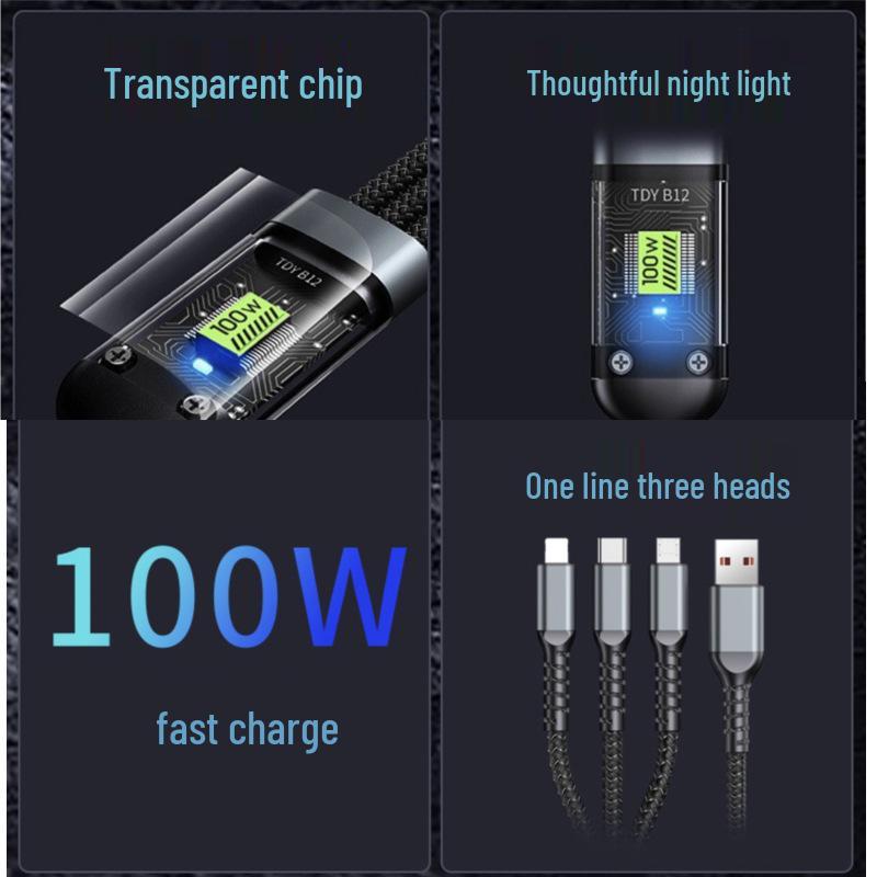 100W Transparent Digital Display 3-in-1 Fast Charging Cable