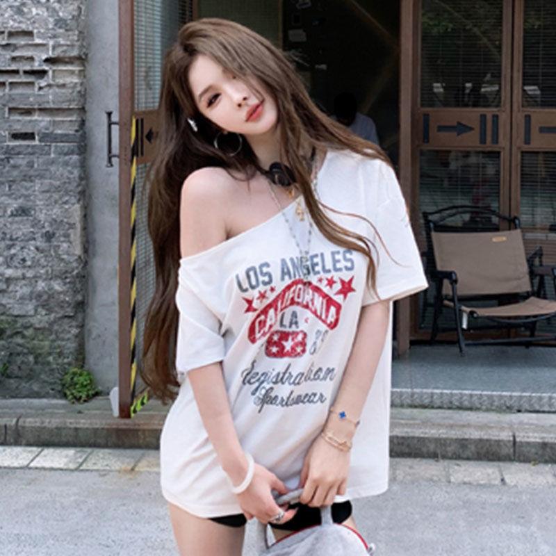 Summer New Pure Desire Wind Slant Shoulder Spicy Girl Pure Cotton Short Sleeved T-shirt for Women Loose and Slim Versatile Design Top for Women