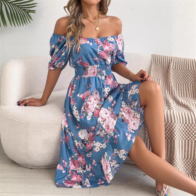 Off-the-shoulder Floral Print Vacation Beach Dress Women Ruffled Spring Summer Short-sleeved