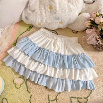 Cute Ruffled Mini Skirt Women Japanese Style Kawaii A-line Short Skirt Contrast Color Patchwork Skirts Y2k Clothing Harajuku
