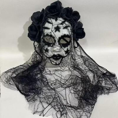 Masquerade Mask, Halloween Horror Spooky Cosplay Face Mask with Black Veil & Flower Decor
