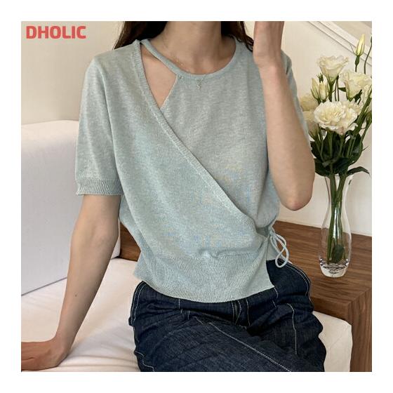 kn Women s Korean Fashion Tops Knit Short Sleeve Cropped Wrap Style Linen Blend Stretchy Thin Linen Blend Summer Knit Cheap Price Simple Girly Casual