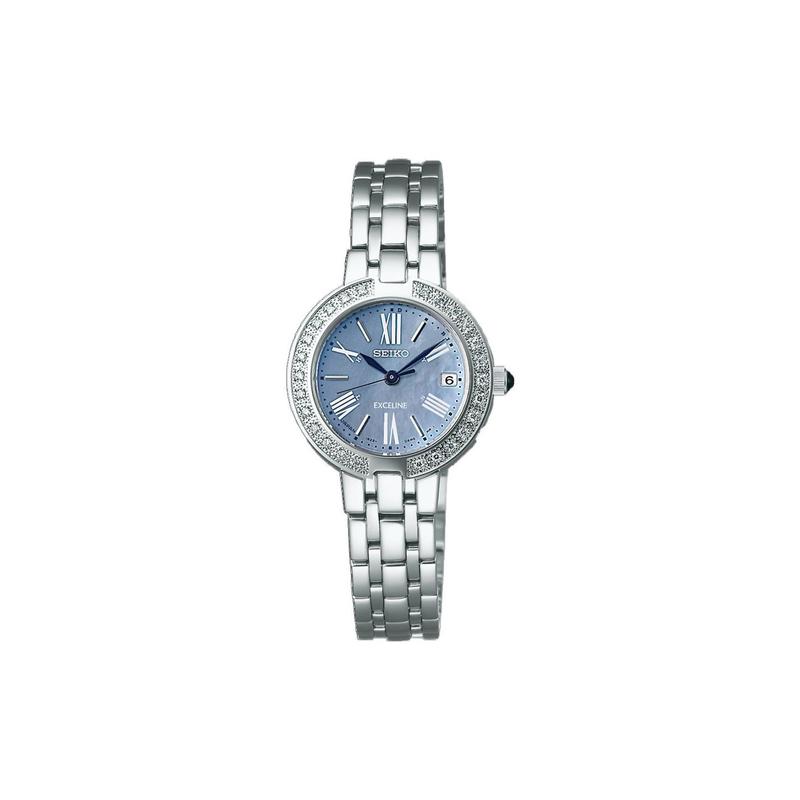 SEIKO Exceline date display solar Quartz Steel Strap women s watch mother-of-pearl dial SWCW007 синий