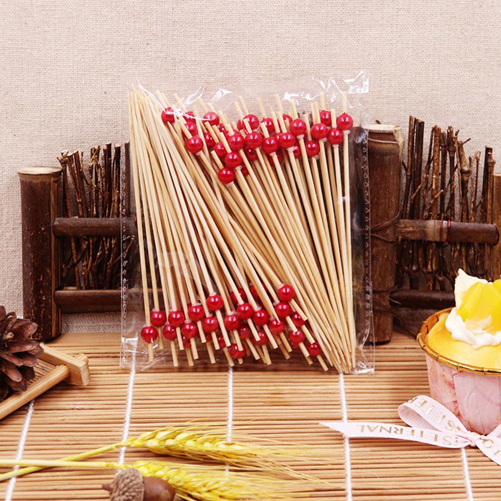 100 Pieces 12cm Disposable Fruit Bamboo Sticks with Creative Bead Tags for Desserts Fruits Festival Decoration Accessories
