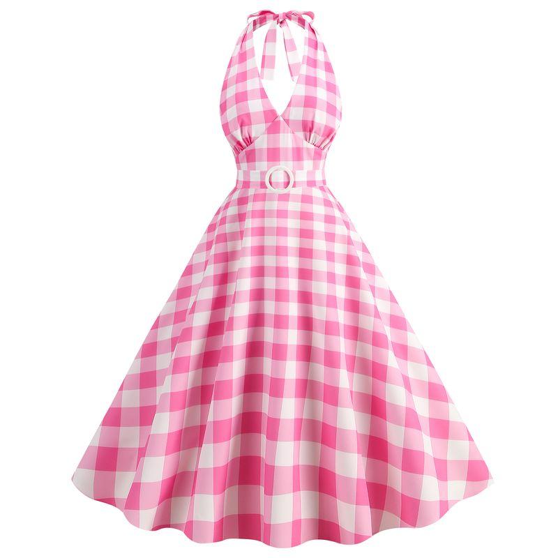 

Fashion Style Fashion Elegant Best Selling Hot Sale Halter Lace-up Barbie Pink Printed Checks Waist-Tight Slim Looking Dress 9758 pink buttons M