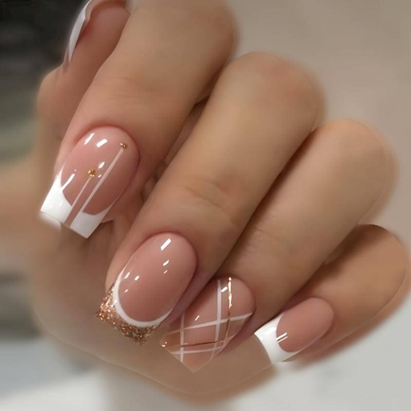 

24 Pieces of New Short Style Square Fashion French Lines Gold Border Simple Style Nail Patch Fake Nail Patch for Girls and Women