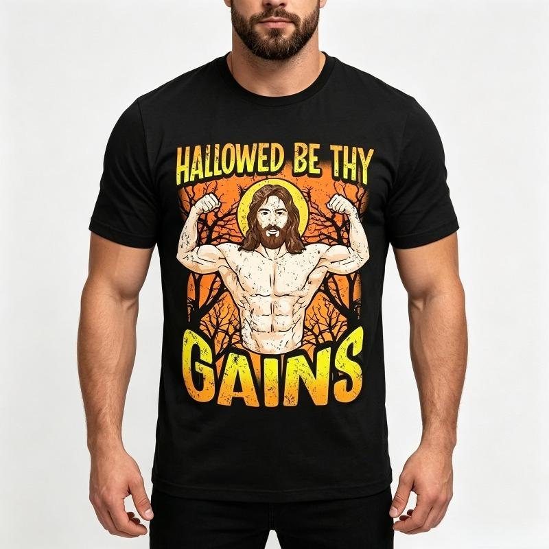 Fitness Christianisches Themen-T-Shirt Lustiges Geheiligt sei dein Muskelaufbau Jesus Druck Unisex Kurzarm Freizeit Oberteil für Fitnessstudio und Straße