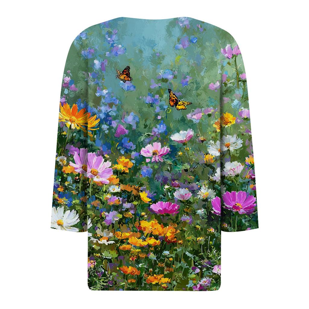 3/4 Length Sleeve Women's Tops Print Vintage Fashion Casual Loose With V Neck Plus Size Shirts Tops