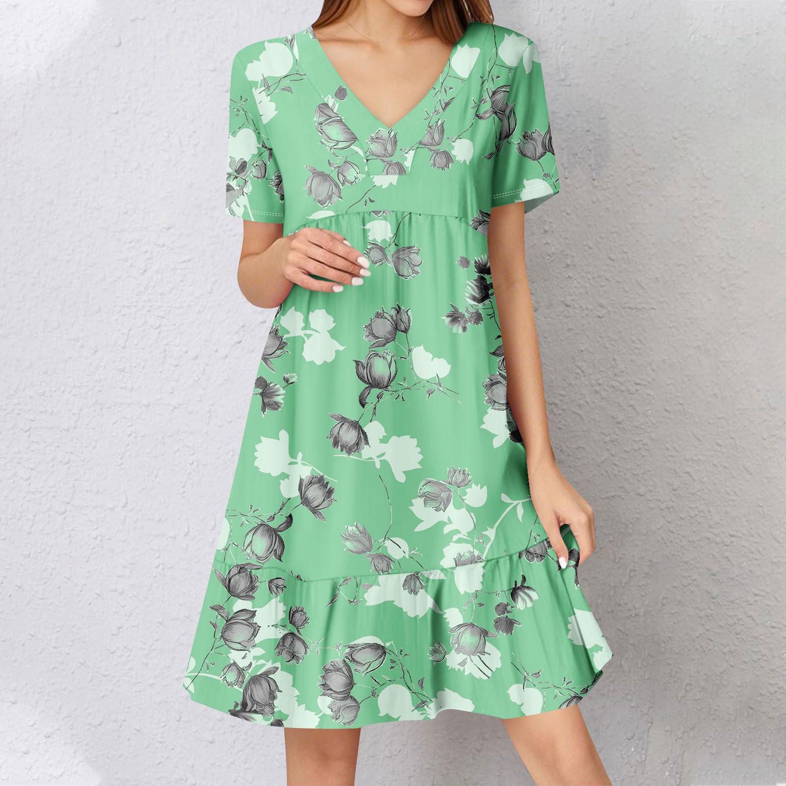 

Женское летнее платье с коротким рукавом и V-образным вырезом, короткие платья, модное повседневное струящееся бохо-платье с оборками, А-силуэт, свободное платье-халат XXL зелёный