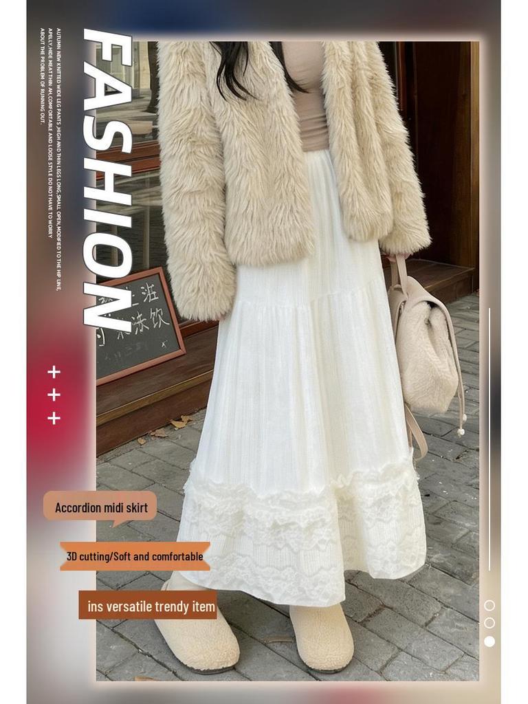 Women's White Lace High-Waist A-Line Long Skirt - Fluffy, Plush, Perfect for Spring & Autumn