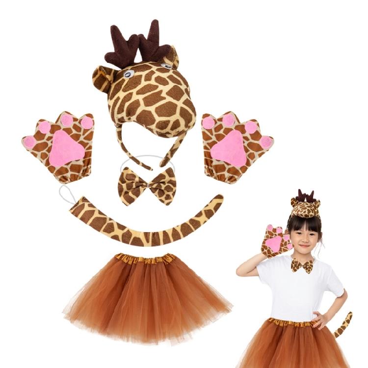 1/3/4/5 Kids Girls Giraffe Ears Headband Bowtie Tutu Skirt Giraffe Tail Animal Giraffe Costume Set for Halloween Cosplay Party