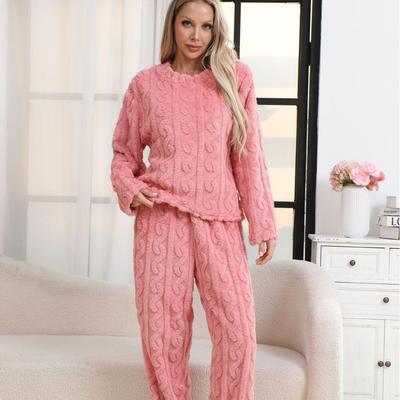 Women's Flannel Rib-Knit Pajama Set - Casual and Solid Color (2025)