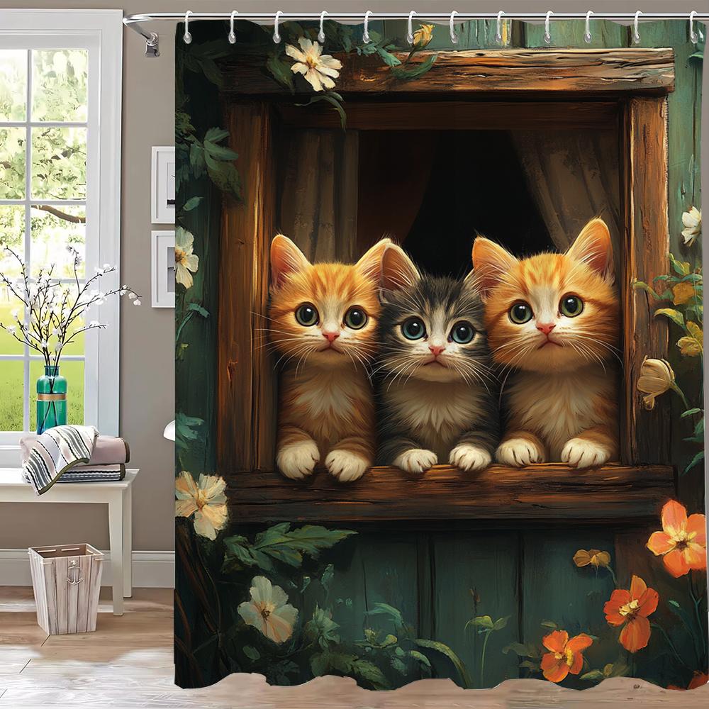 Lovely Cats outside the Window Shower Curtain, Bathroom Decorative Shower Curtain, Printed Polyester Home Curtain with Hooks