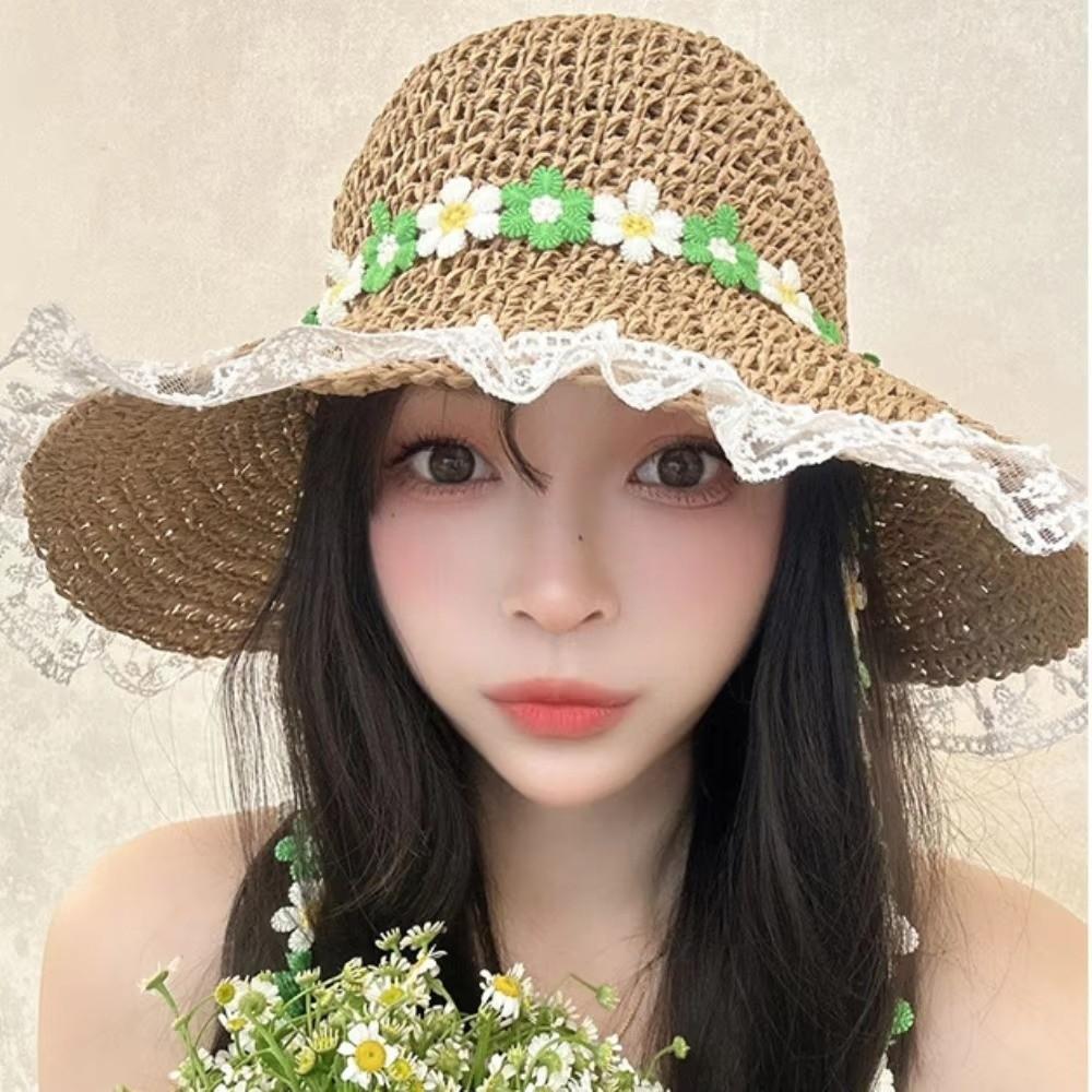 Wide Brim Women Visor Bucket Hat Breathable Beach Hat Flower Straw Hat  Seaside Vacation