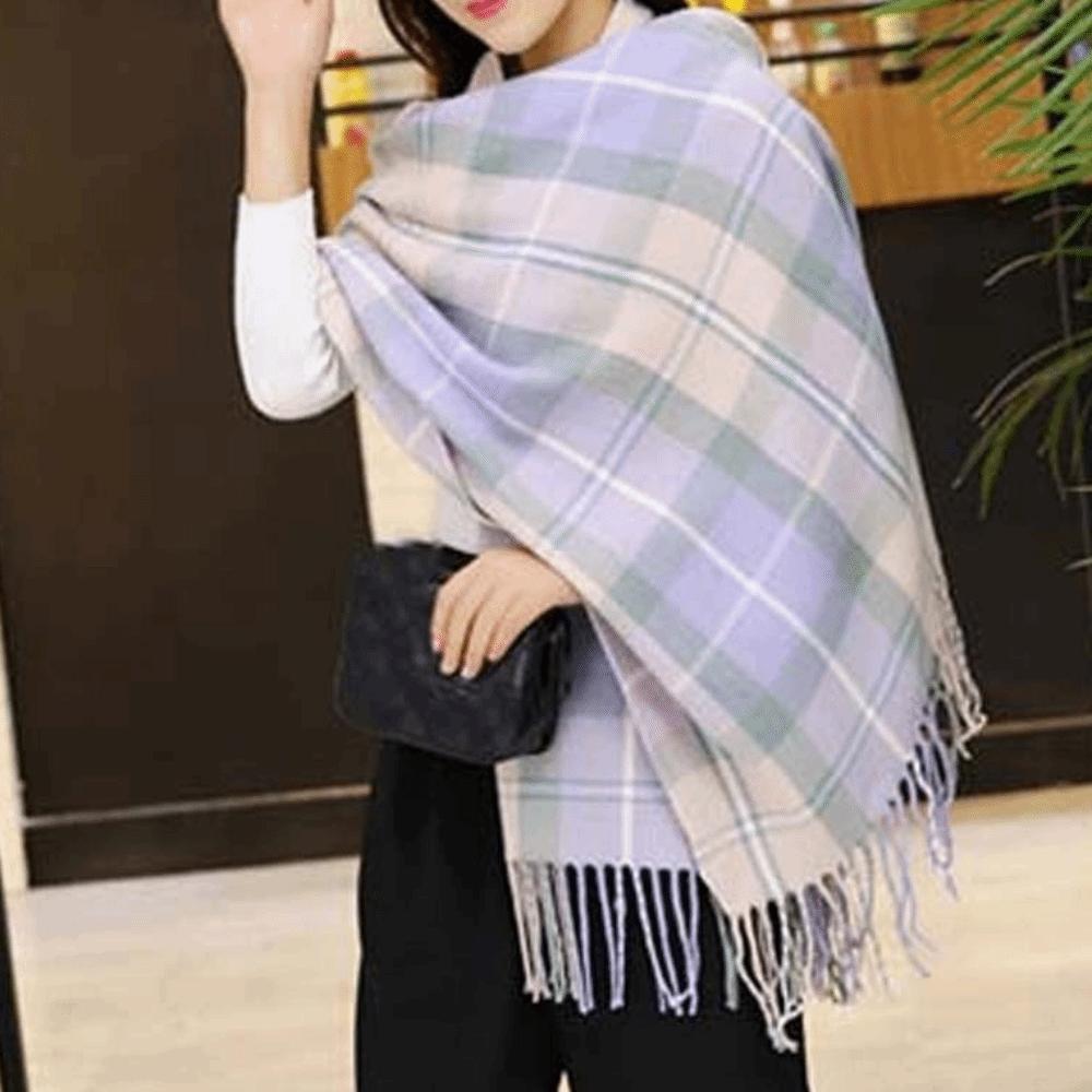 Soft Classic Plaid Scarf Cold-proof Long Neckscarf with Tassel Large Knitted Wool Shawl Winter