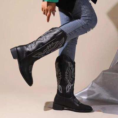 Genuine Cowgirl Boots Chunky Botas Mujer Brand Designer Cowboy Boots Embroider Casual Shoes Cossack Retro Booties