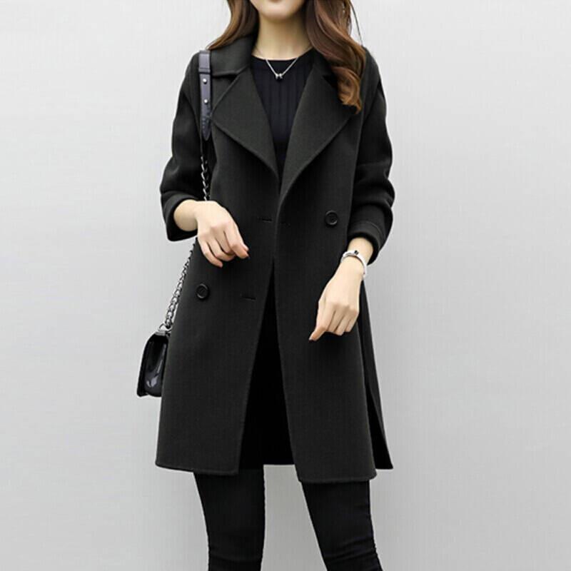 Autumn/Winter Women's Medium-Length Woolen Jacket Loose-Fit Slimming Double-Row Buttoning Overcoat