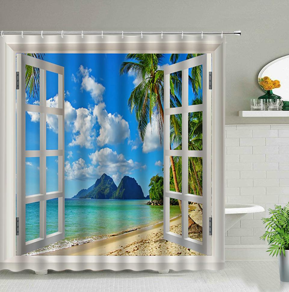 Dream Arch Door Forest Scenery Shower Curtains Ocean Beach Green Leaf Lavender Hot Air Balloon Wolf Bathroom Screen Bath Curtain