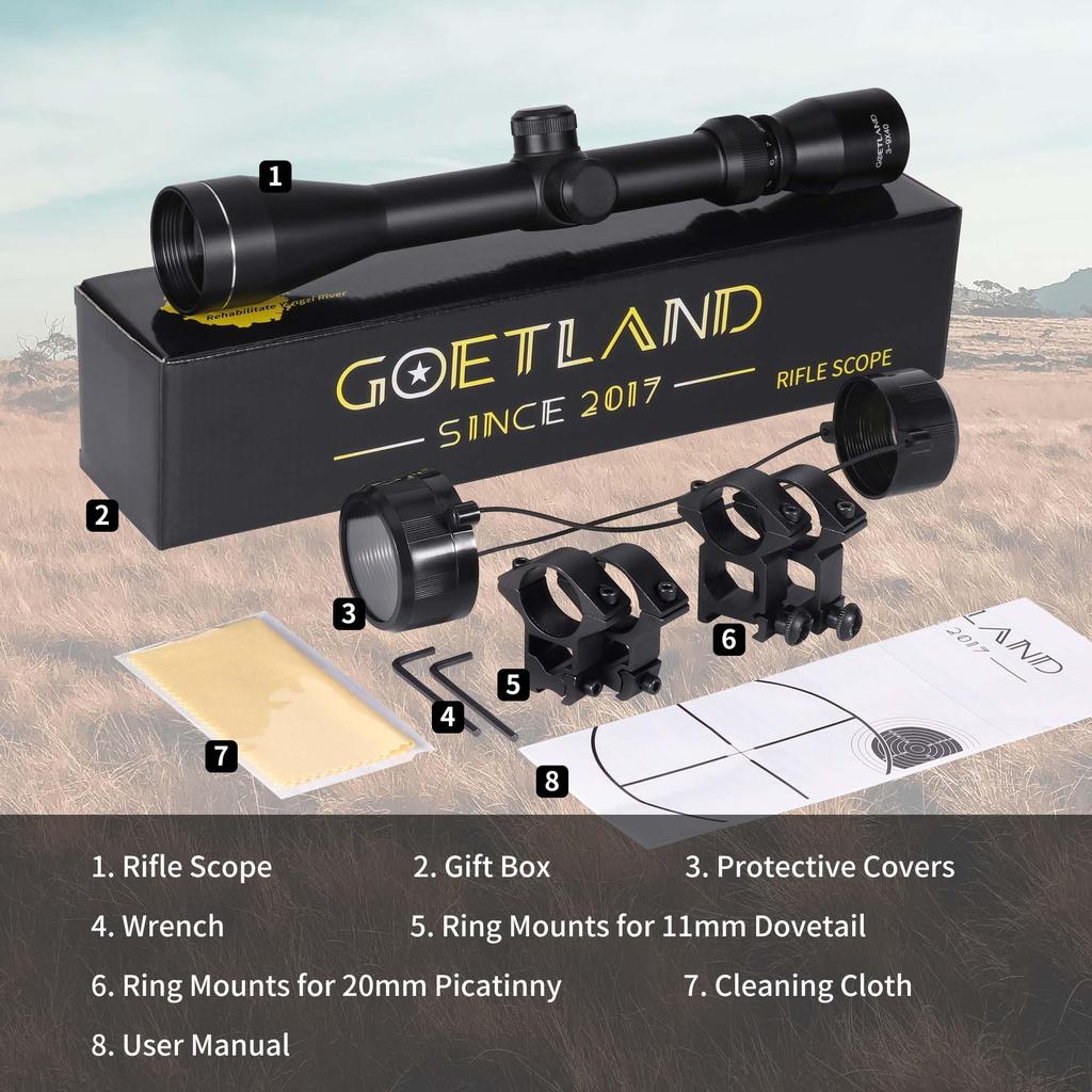 Goetland Riflescope 3-9x40 Variable Magnification Reticle Crosshair R4 SFP Optical Sight for Airsoft, Airsoft, Shooting, and Hunting, Compatible with