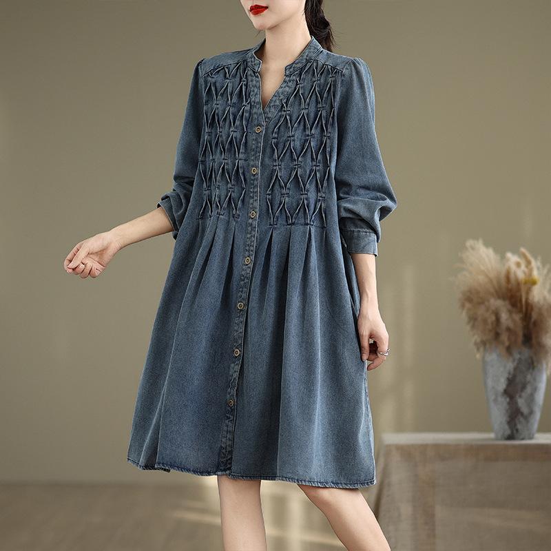 2024 Autumn New plus Size Loose Slimming V-Neckline Single-Breasted Mid-Length Casual Denim Trench Coat Women