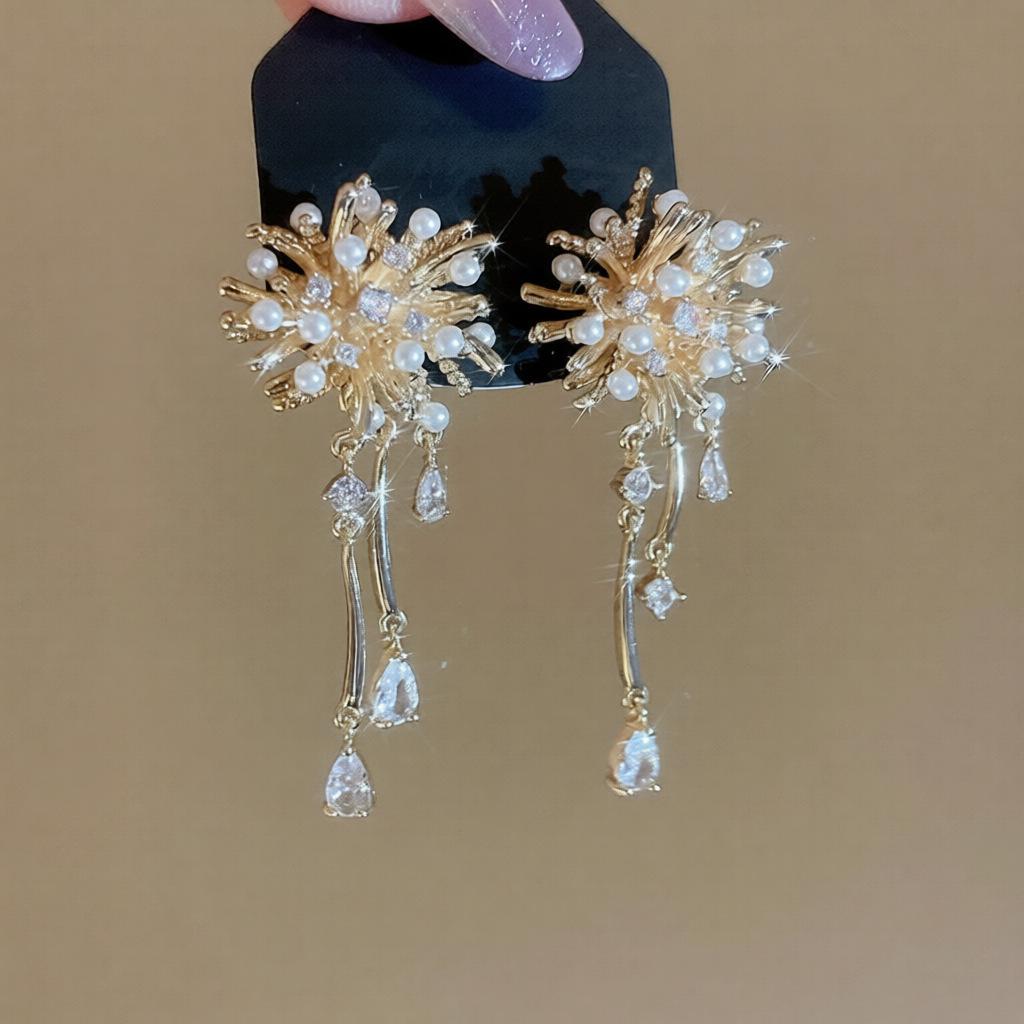 18k Gold Plated Zircon Stud Firework Tassel Earrings - Fashionable, Luxurious, High-End Versatile Design for Women