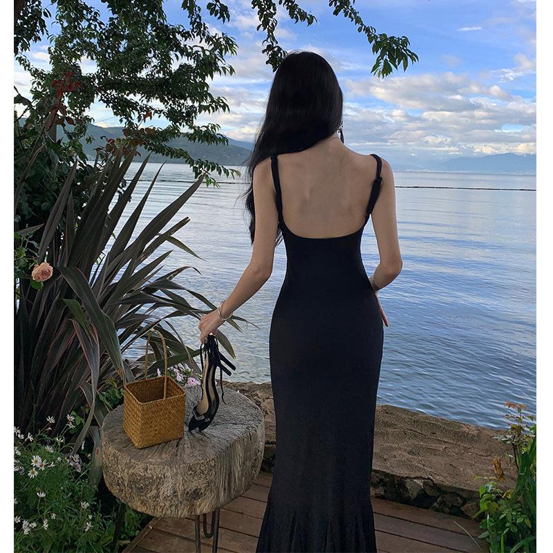 

YYFS Женская мода лето весна однотонный принт без рукавов квадратный воротник высокая талия повседневные платья XL чёрный