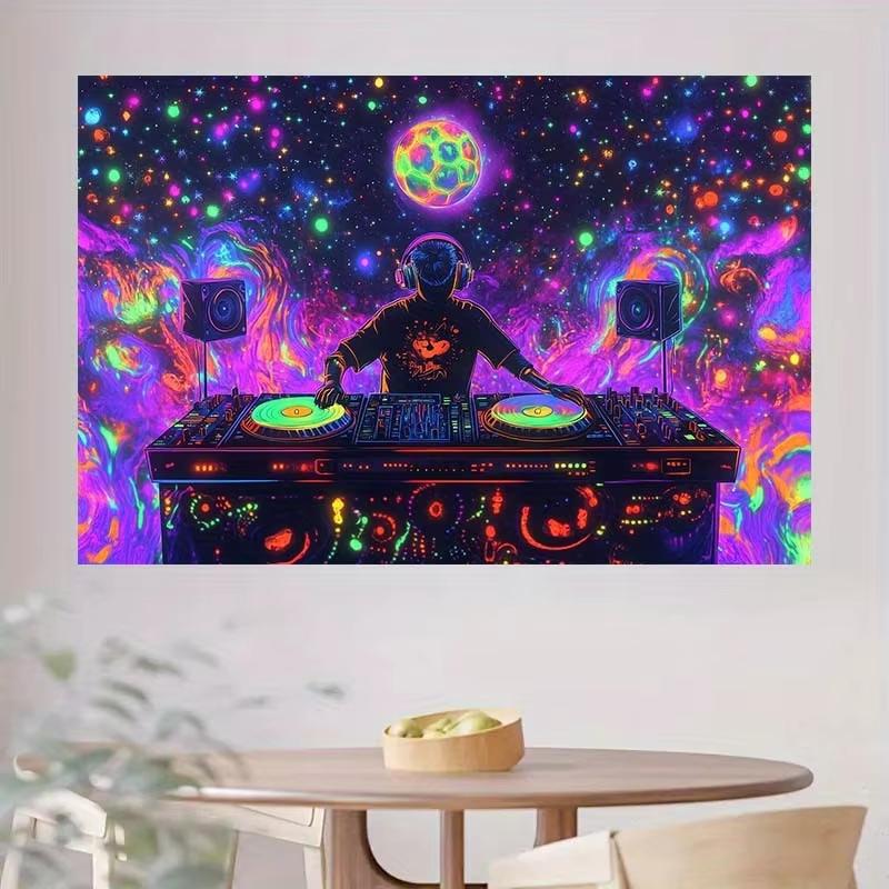 DJ Music Studio Tapestry Psychedelic Turntable Universe Design for Neon Party Gaming Room Decor