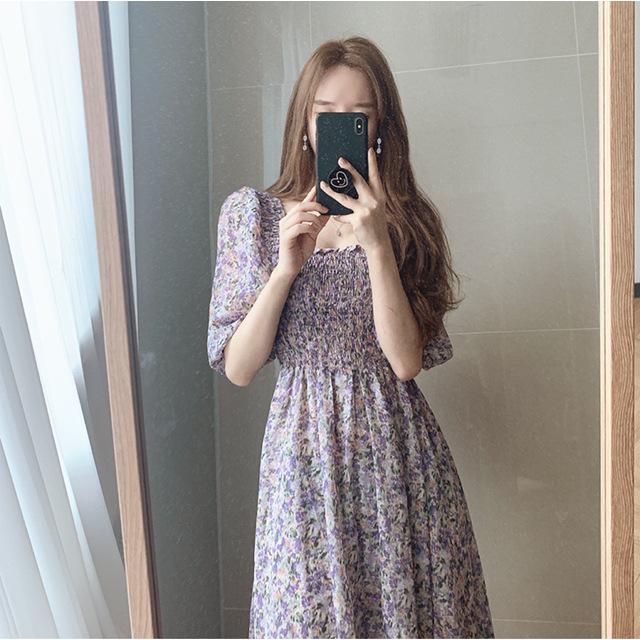 Rochie de vară 2022 coreeană cu gât pătrat, plisată, cu talie înaltă, cu mâneci bufante, din șifon floral