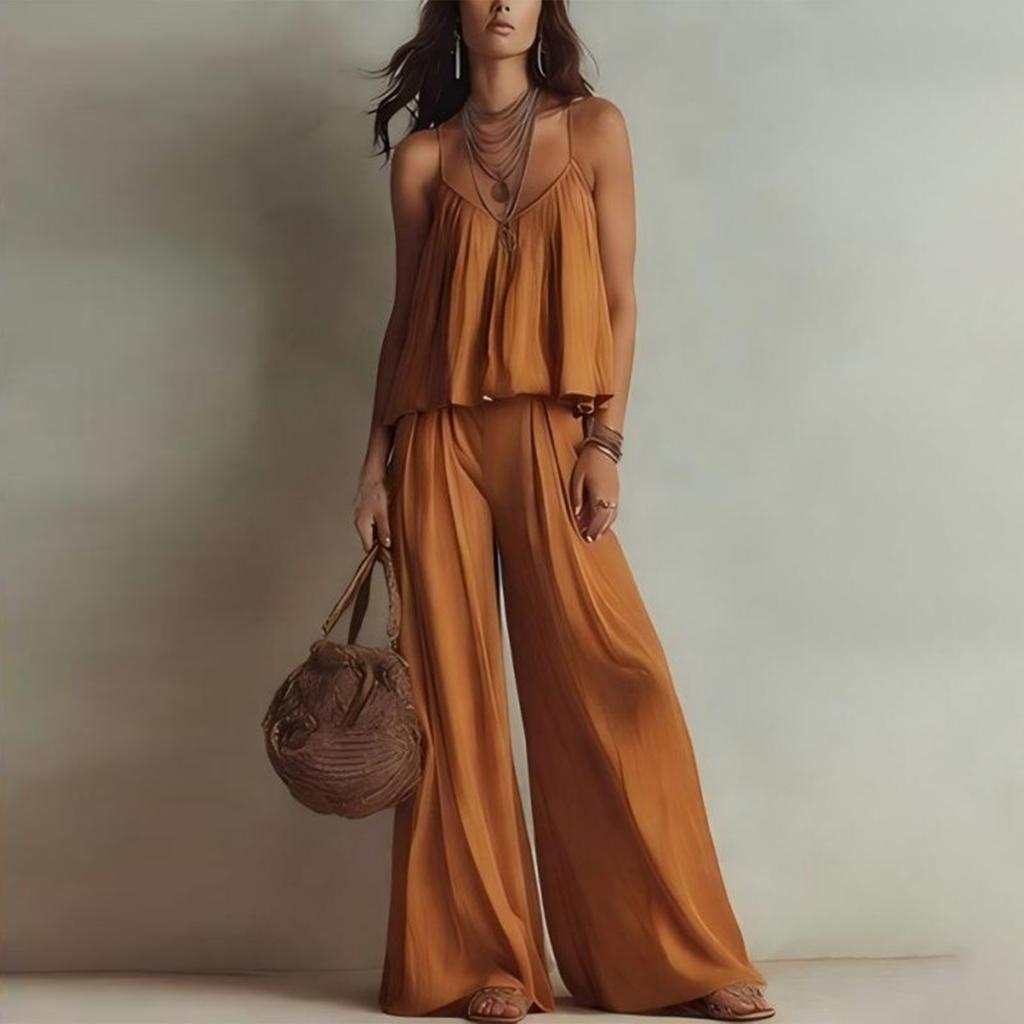 Women Summer Sleeveless V Neck Camisole Top Elastic Waist Wide Leg Pants Two Piece Set Casual Loose Fit