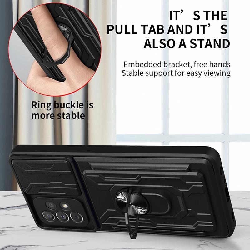 Slide Camera Lens Card Holder Case For Samsung Galaxy S22 Ultra S21 Plus A53 A73 A33 A13 A32 A12 A51 M32 4G 5G Military Grade Detachable Armor Cover