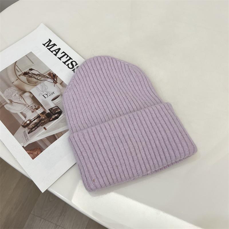 Angora Rabbit Hair Curled Brimless Wool Hat Women Autumn and Winter Warm Striped Fashion Knitted Pullover Cold Hat