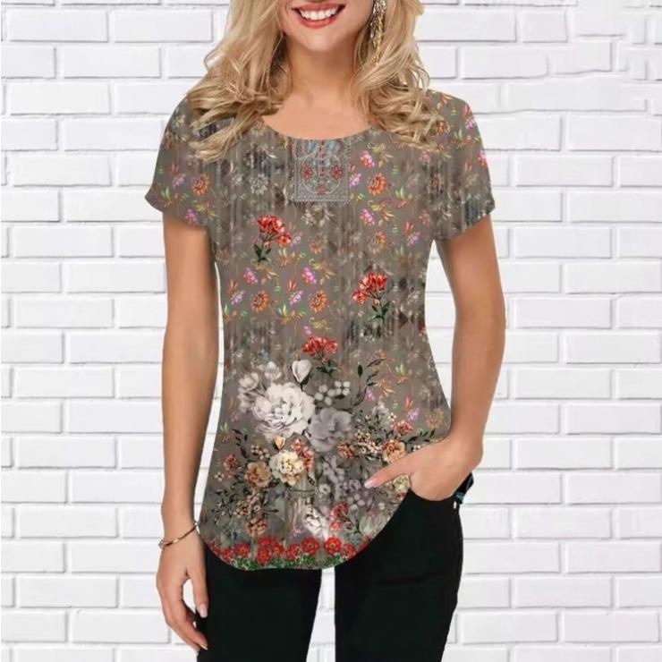 Summer Round Neck 3D Retro Floral pattern Print Top Fashionable Casual Short Sleeved Women's T-shirts