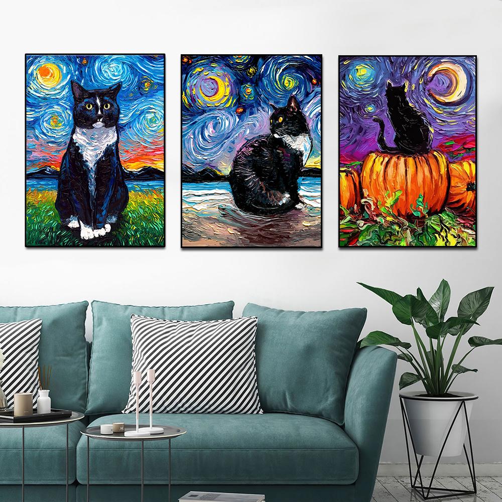 Sternennacht Katze Abstrakte Tier Poster und Drucke Vintage Leinwand Malerei Wand Kunst Bild für Wohnzimmer Korridor Wohnkultur