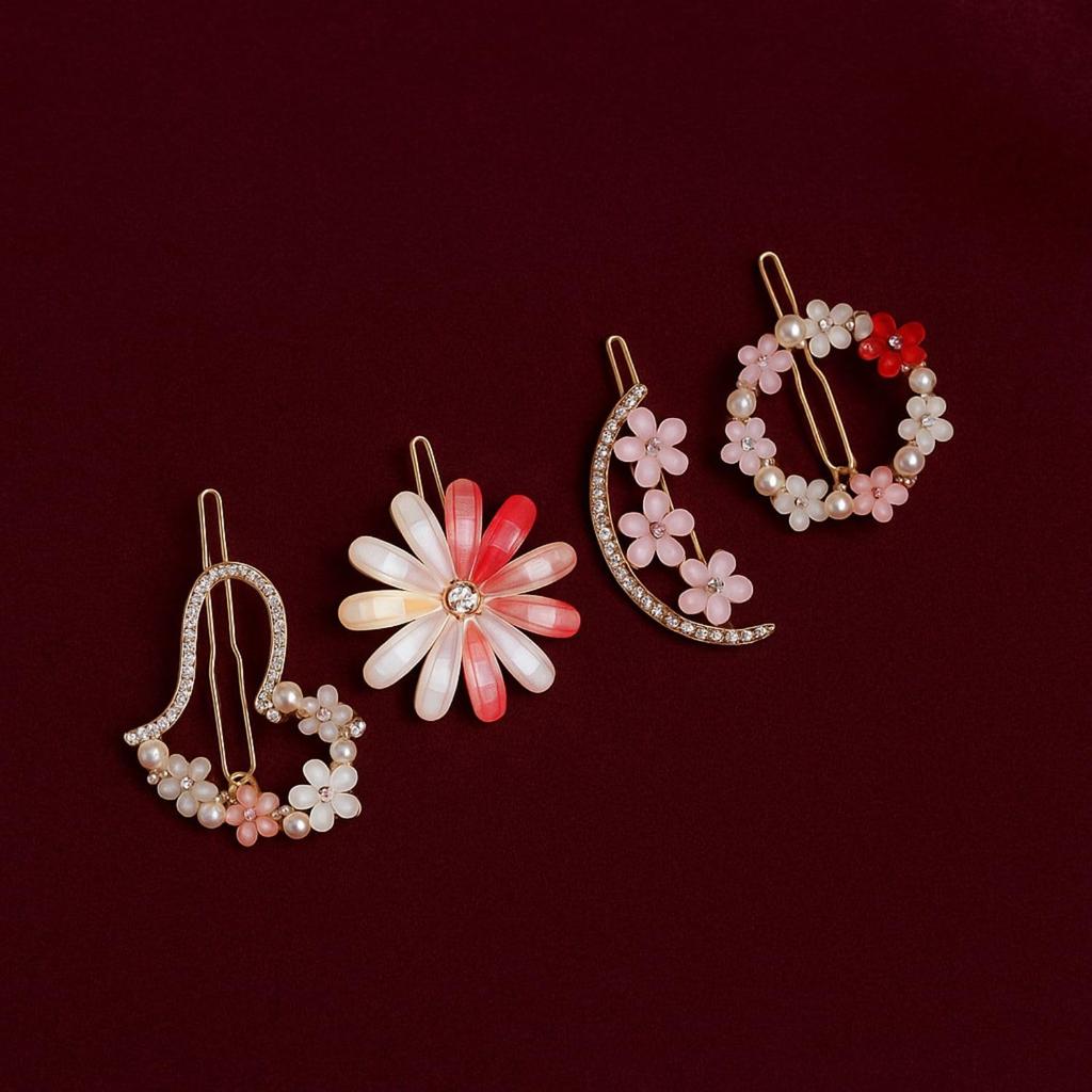 NAISHAM™ 4 Pcs Korean Floral Hair Clips Set, Elegant Rhinestone & Pearl Hairpins, Colorful Flower Designs, Perfect Hair Accessories for Women & Gir