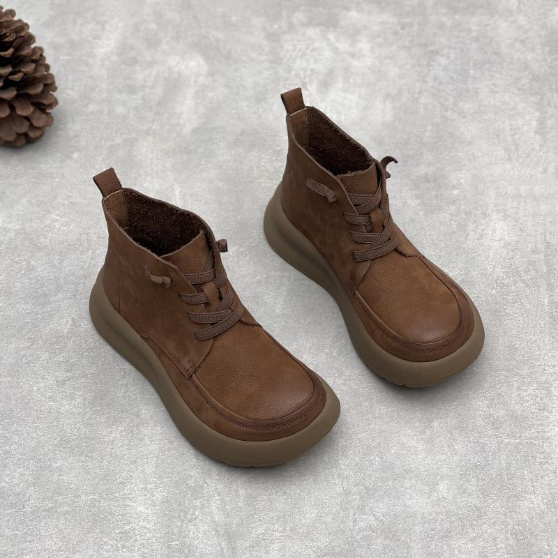 Johnature Handgefertigte Damen-Freizeitschuhe aus echtem Leder, Retro-Plateausohle, vielseitige Kurzstiefel aus Rindsleder