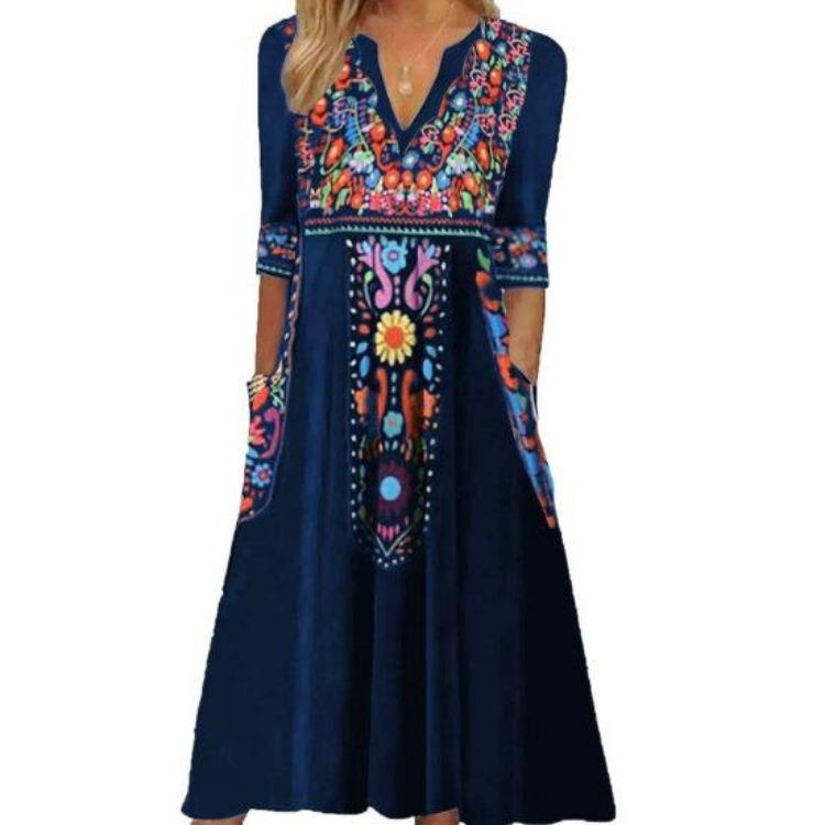 Plus Size Lady Dress V Neck Three Quarter Sleeves Bohemian Sexy A Line Loose Hem Pockets Retro Ethnic Style Print