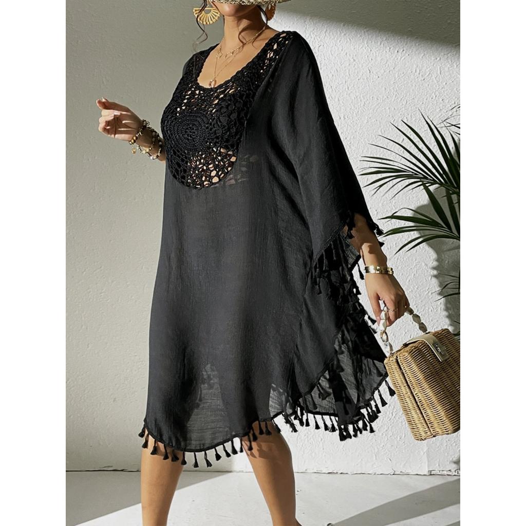 QICED Beach Dress, Beach Smock, Crocheted Patchwork Tassel Swimsuit, Bikini Outerwear