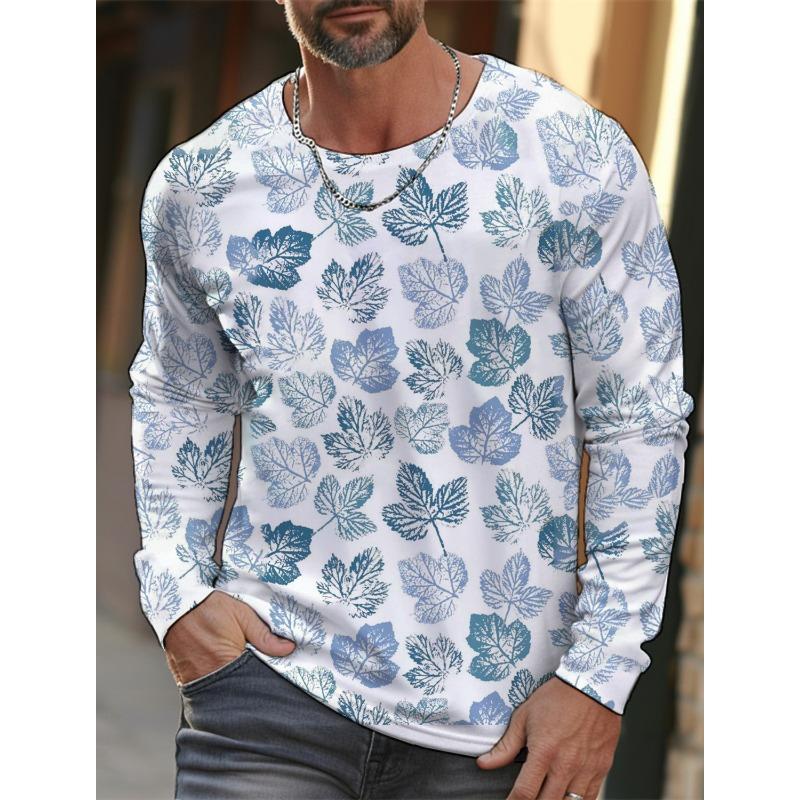 Frühlings- und Herbst Herren Freizeit Langarm T-Shirt 3D Gedruckter Blätterdruck Mode Street Herren Rundhals Pullover T-Shirt Kleidung