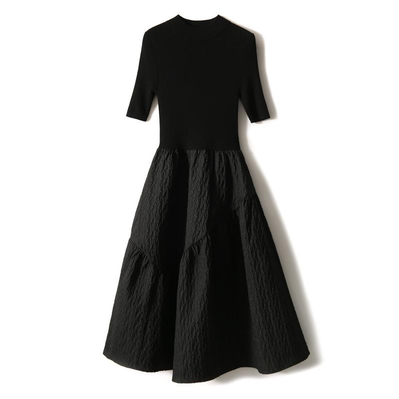 Updated Stylishable and Elegant Small Black Dress Semi-turtleneck Wool Knitted Splicing Tutu Skirt with Slim-fitting Dress
