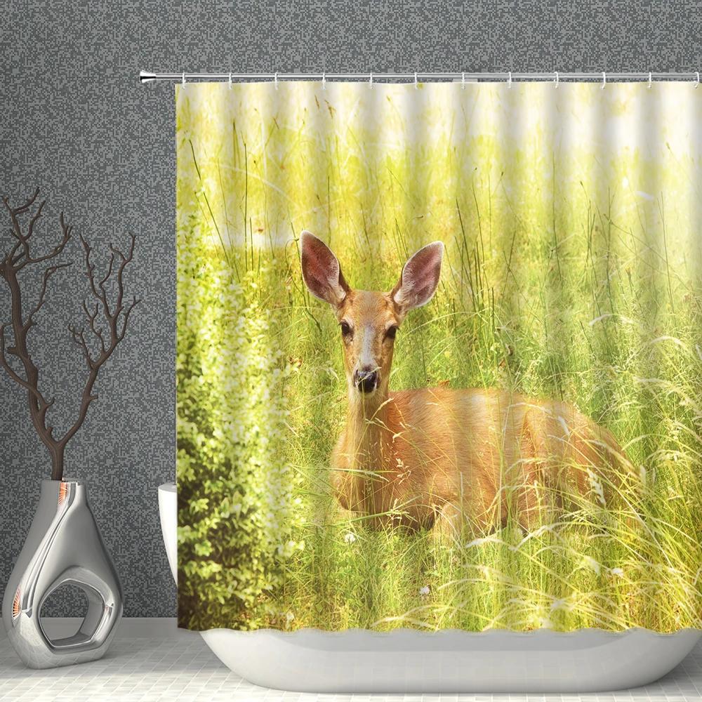 Animals Landscape Shower Curtain Set Wild Elk Forest Trees Green Plants Grassland Home bathroom Decor Hanging curtains Washable