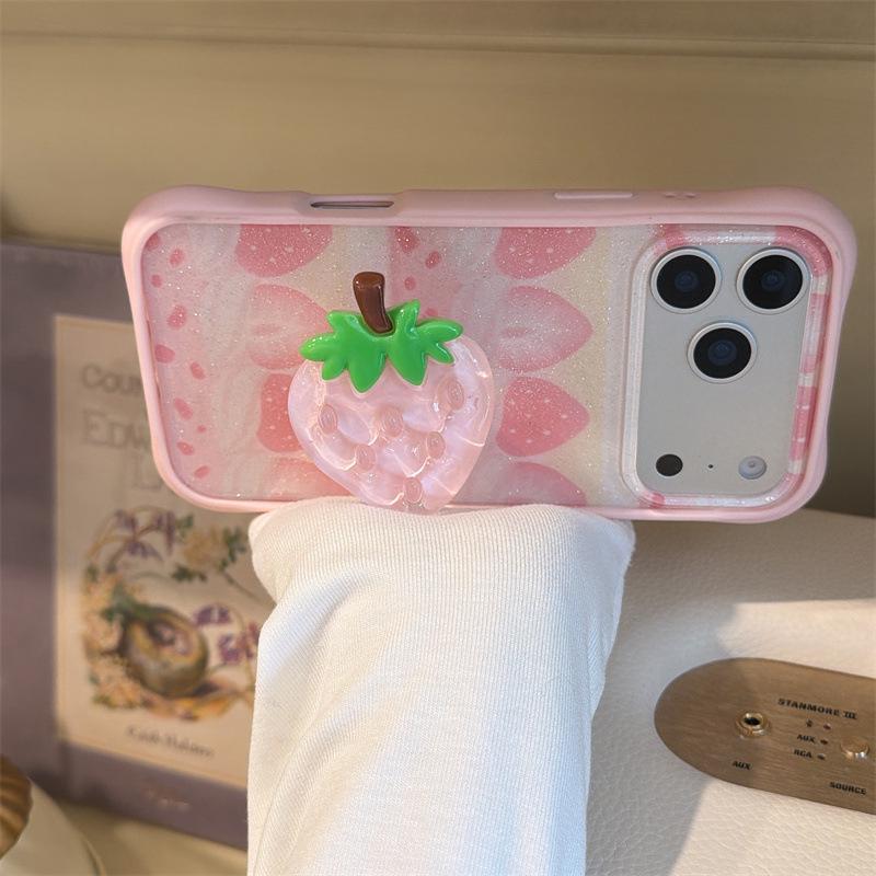 Korean 3D Strawberry Stand-Compatible iPhone Case for iPhone 14/15/16 Pro Max/17