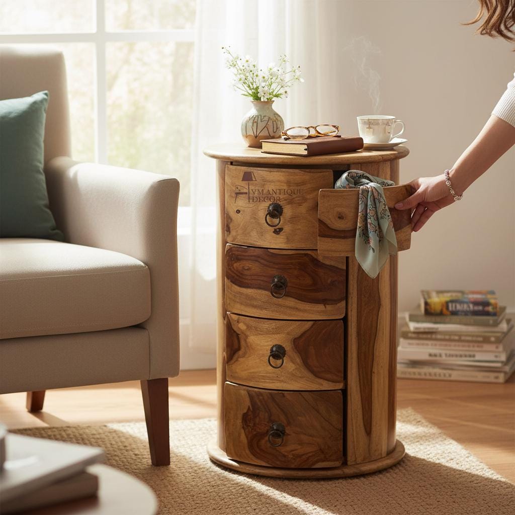 Wooden Round Nightstand | Solid Wood 3-Drawer Side Table, Wooden Chest of Drawer-Storage Desk Solid Wood Cupboard | Unique Drawer Dressers